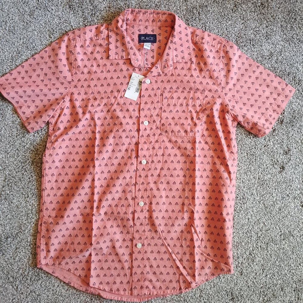 **New Children's Place Button Up Shirt XL 14. Salmon Color, Arrow Pattern***